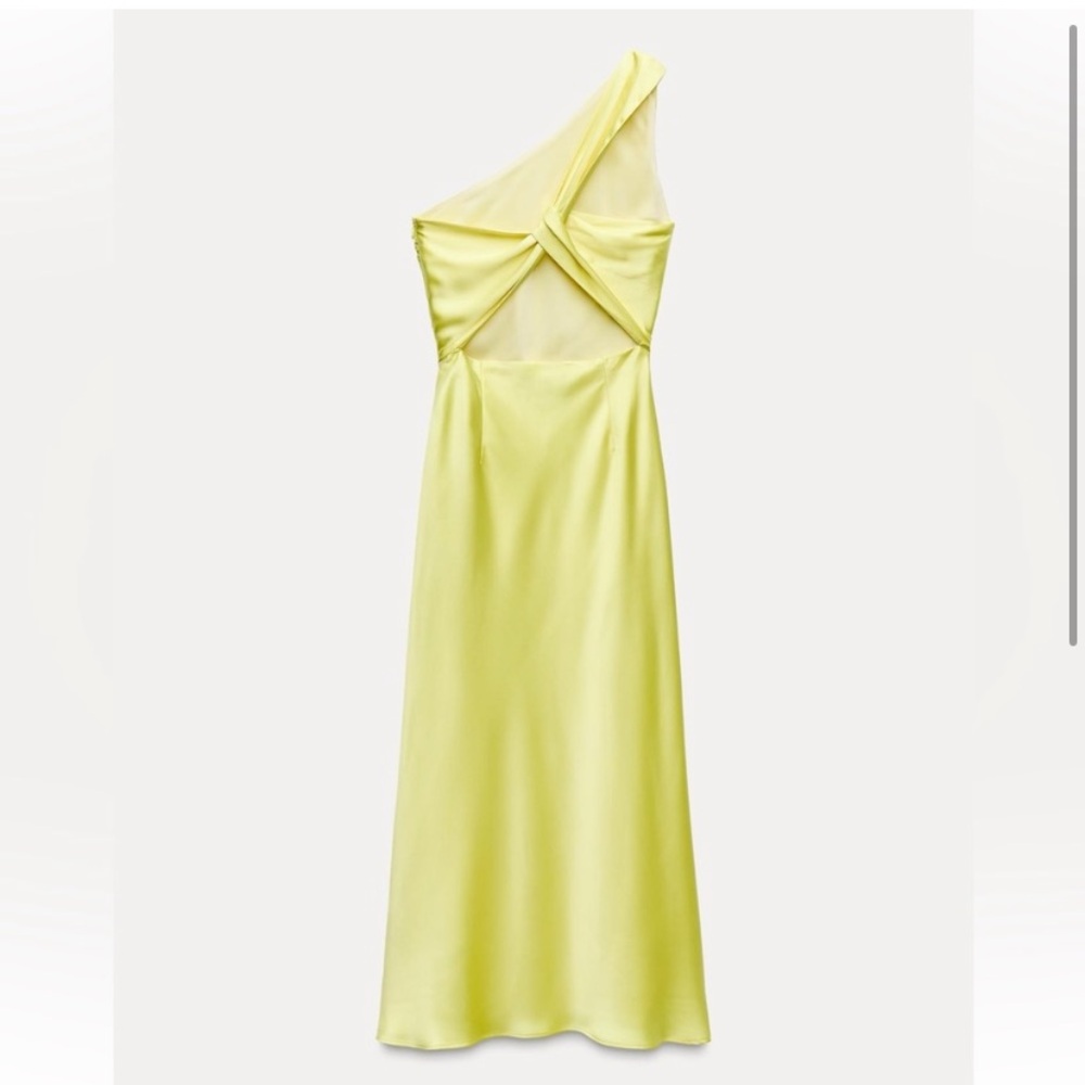 NWT. Zara Yellow Satin Effect Asymmetric Midi Dress. Size M. - Picture 4 of 9